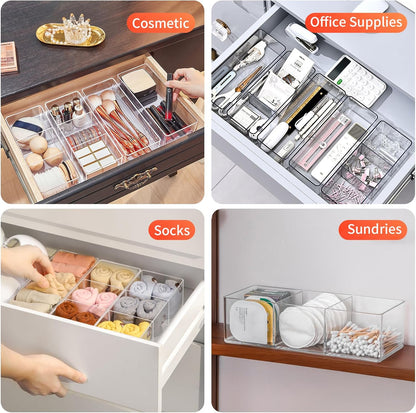 Set of 2 Make up Drawer Organiser, 3-Compartment & 1-Compartment Acrylic Makeup Organizer Stackable Makeup Storage Organizer Box Clear Cosmetic Storage for Eyeshadow, Cosmetic, Lipstick