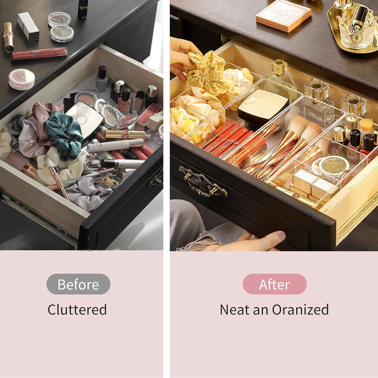 Set of 2 Make up Drawer Organiser, 3-Compartment & 1-Compartment Acrylic Makeup Organizer Stackable Makeup Storage Organizer Box Clear Cosmetic Storage for Eyeshadow, Cosmetic, Lipstick