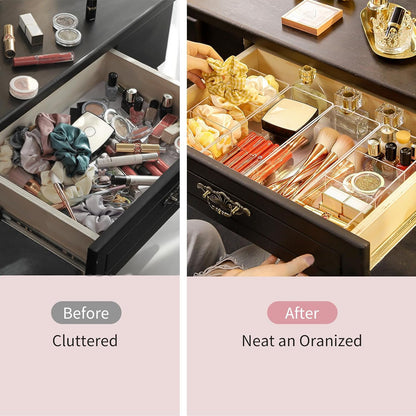 Set of 2 Make up Drawer Organiser, 3-Compartment & 1-Compartment Acrylic Makeup Organizer Stackable Makeup Storage Organizer Box Clear Cosmetic Storage for Eyeshadow, Cosmetic, Lipstick