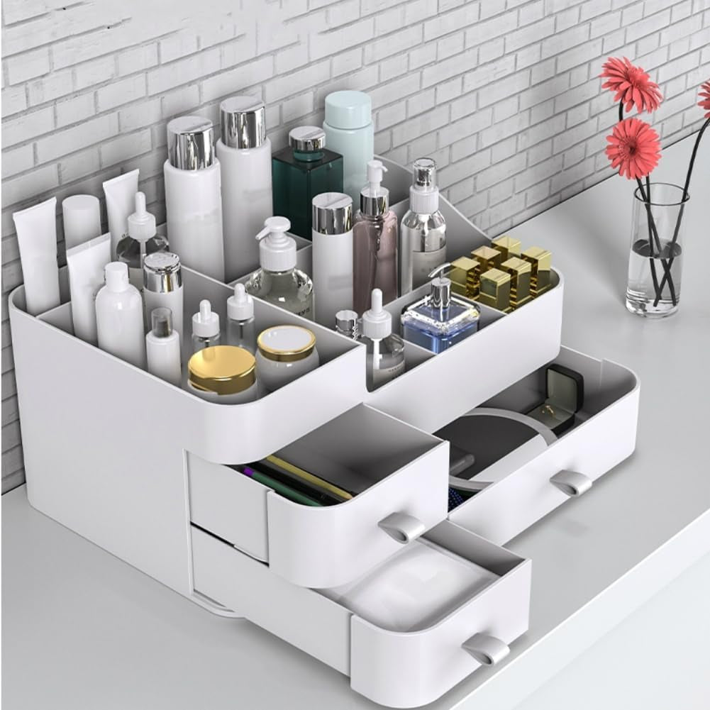 Makeup Organizer for Vanity, Large Capacity Desk Organizer with Drawers for Cosmetics, Lipsticks, Jewelry, Nail Care, Skincare, Ideal for Bedroom and Bathroom Countertops - Large White