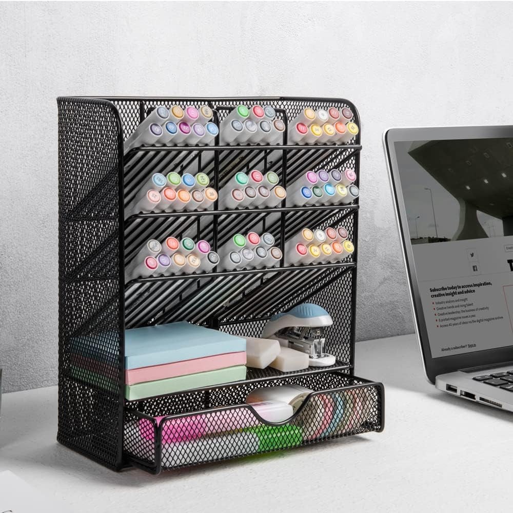 Spacrea Metal Pen Organizer, Pencil Holder for Desk, Desk Organizer with Drawer