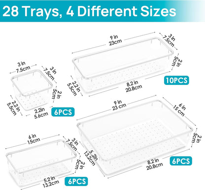 28 PCS Clear Plastic Drawer Organizers Set, 4-Size Bathroom and Vanity Drawer Organizer Trays, Acrylic Storage Bins for Makeup, Cosmetic, Kitchen Utensils