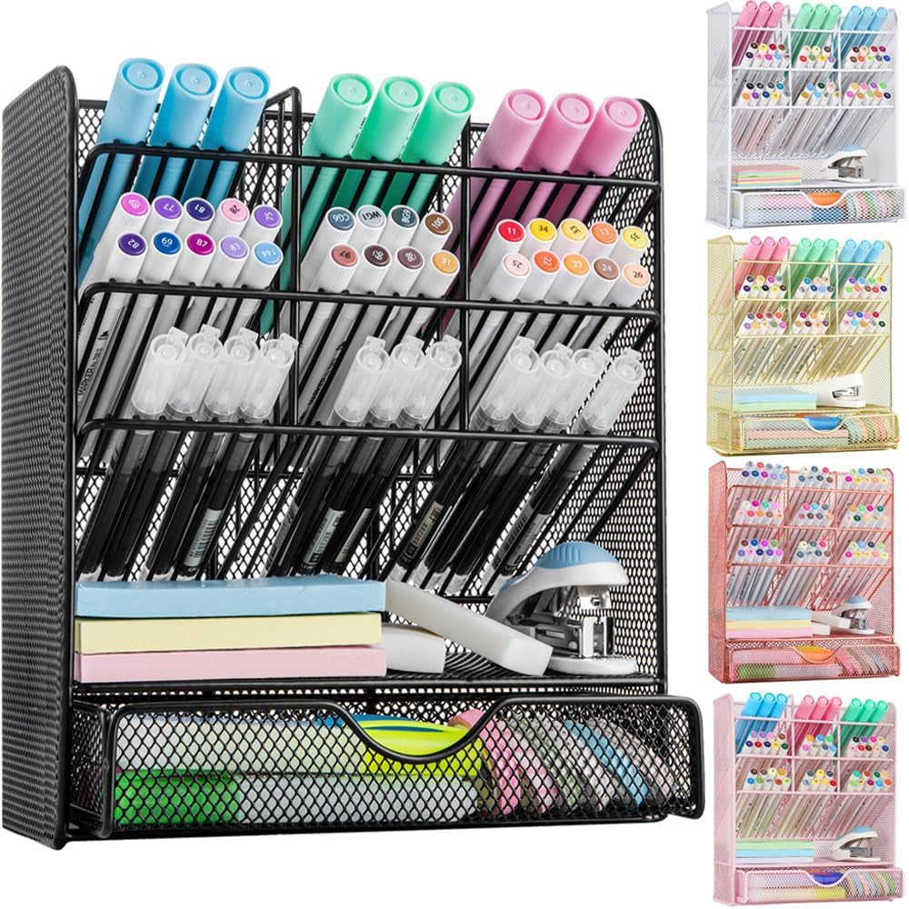 Spacrea Metal Pen Organizer, Pencil Holder for Desk, Desk Organizer with Drawer
