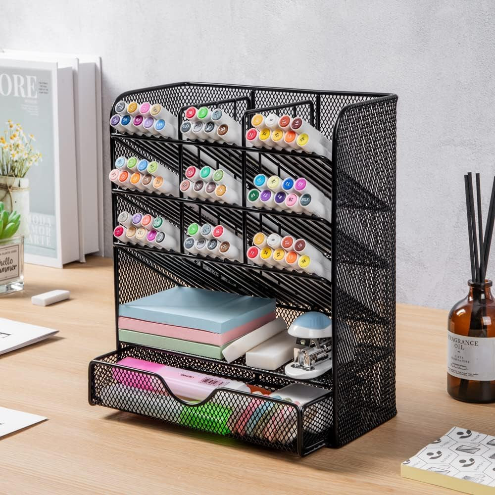 Spacrea Metal Pen Organizer, Pencil Holder for Desk, Desk Organizer with Drawer