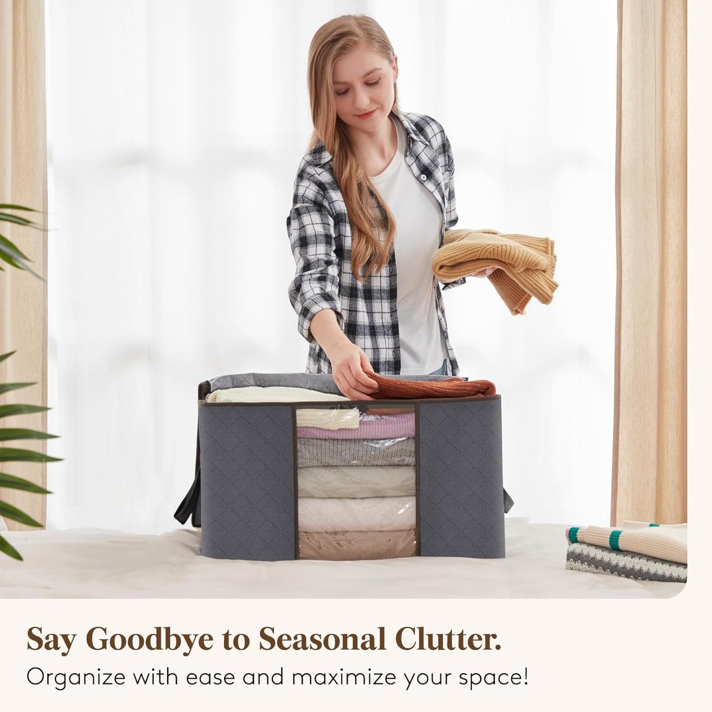 6 Pack Clothes Storage Bags, Foldable Storage Box Moving Bags Wardrobe Storage Organiser Packing Boxes for Moving House with Clear Window for Clothing Bedding Blankets, Grey