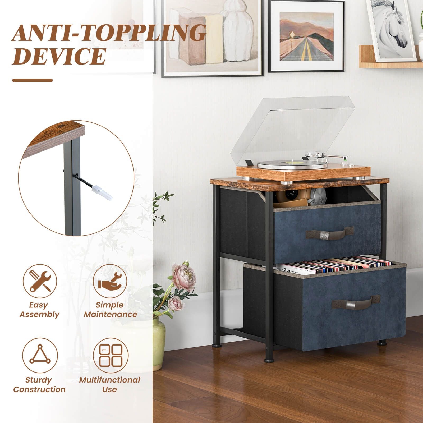 2-Drawer Industrial Nightstand with Anti-Toppling Device