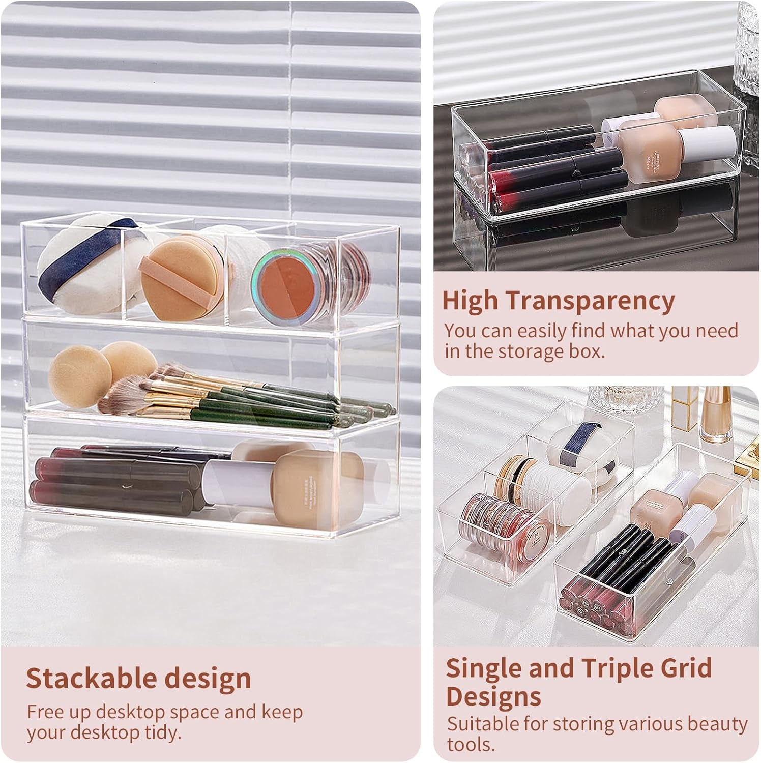 Set of 2 Make up Drawer Organiser, 3-Compartment & 1-Compartment Acrylic Makeup Organizer Stackable Makeup Storage Organizer Box Clear Cosmetic Storage for Eyeshadow, Cosmetic, Lipstick
