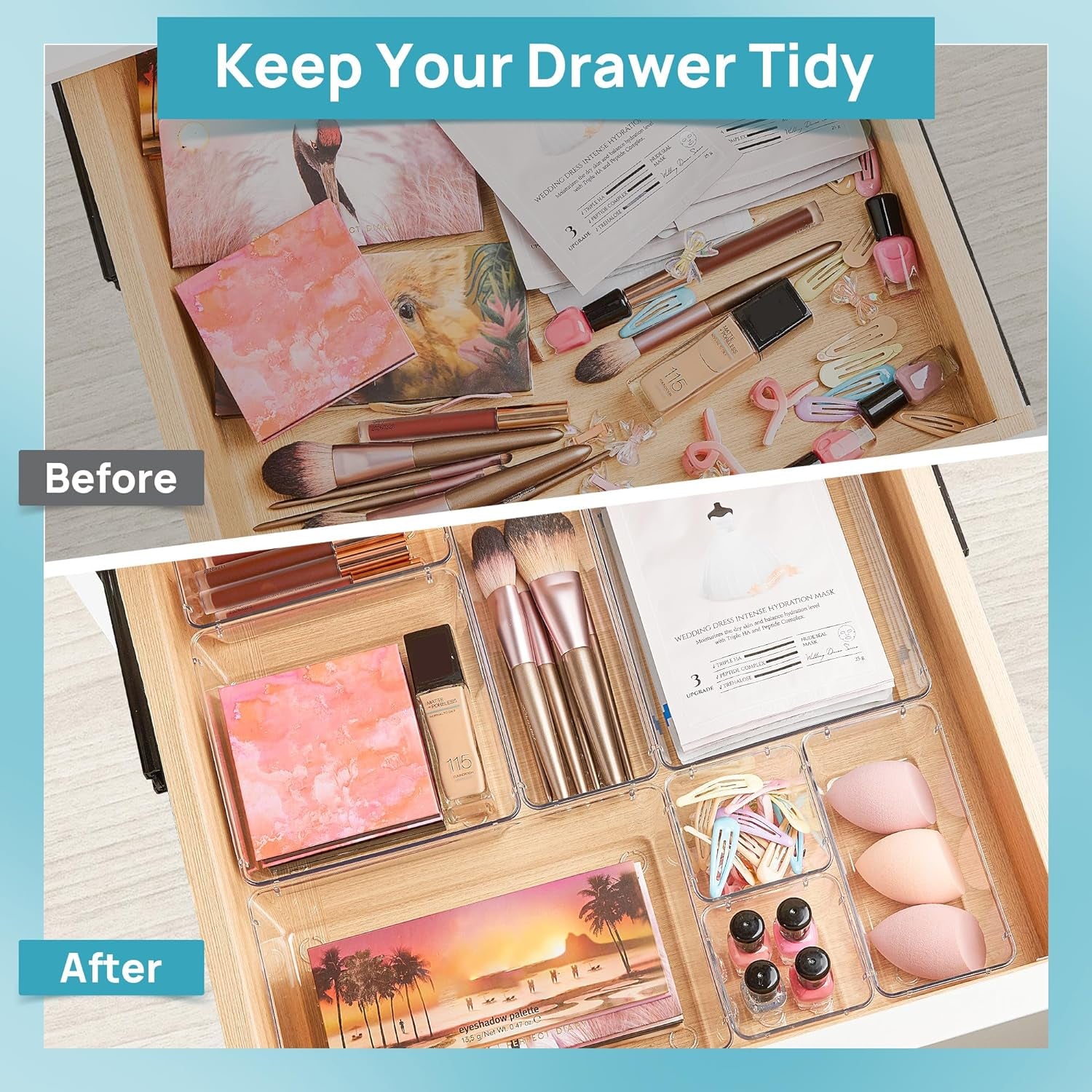 28 PCS Clear Plastic Drawer Organizers Set, 4-Size Bathroom and Vanity Drawer Organizer Trays, Acrylic Storage Bins for Makeup, Cosmetic, Kitchen Utensils