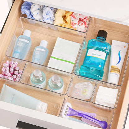 28 PCS Clear Plastic Drawer Organizers Set, 4-Size Bathroom and Vanity Drawer Organizer Trays, Acrylic Storage Bins for Makeup, Cosmetic, Kitchen Utensils