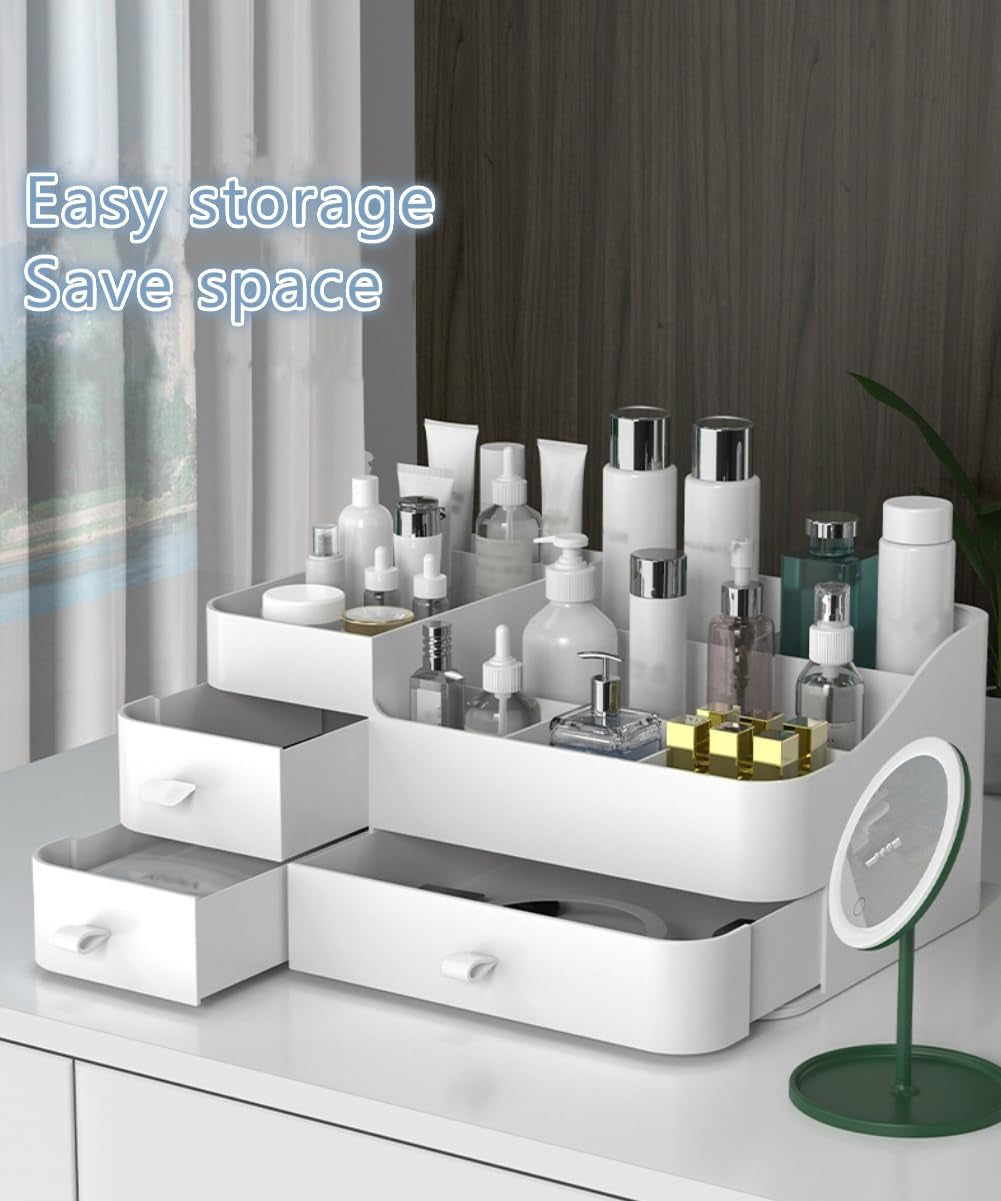 Makeup Organizer for Vanity, Large Capacity Desk Organizer with Drawers for Cosmetics, Lipsticks, Jewelry, Nail Care, Skincare, Ideal for Bedroom and Bathroom Countertops - Large White