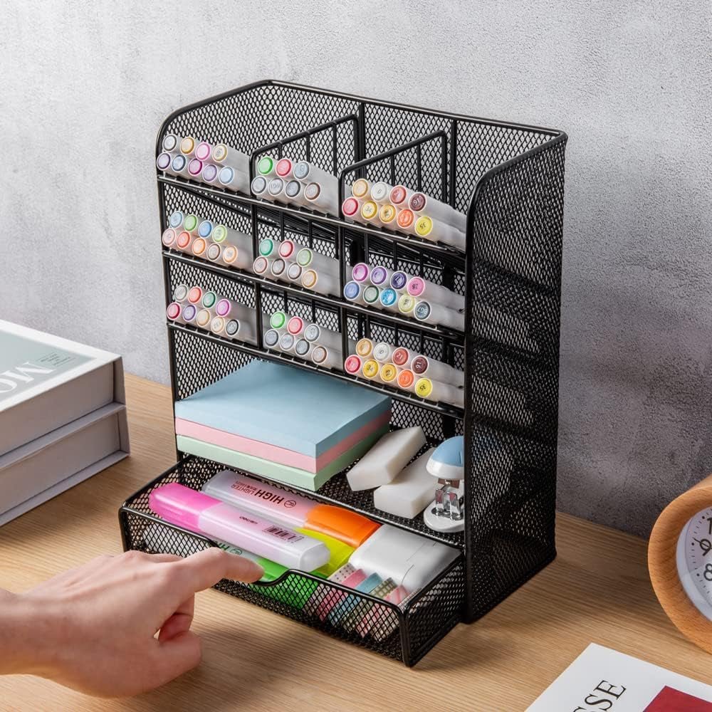 Spacrea Metal Pen Organizer, Pencil Holder for Desk, Desk Organizer with Drawer
