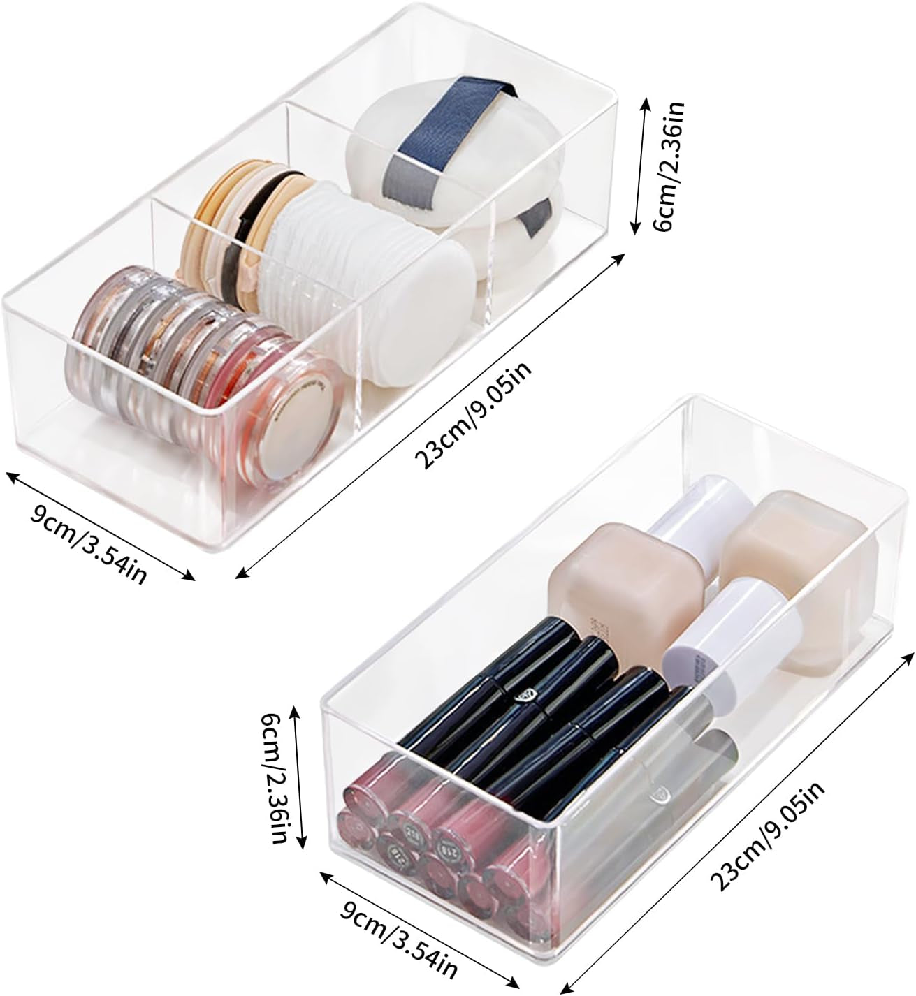 Set of 2 Make up Drawer Organiser, 3-Compartment & 1-Compartment Acrylic Makeup Organizer Stackable Makeup Storage Organizer Box Clear Cosmetic Storage for Eyeshadow, Cosmetic, Lipstick