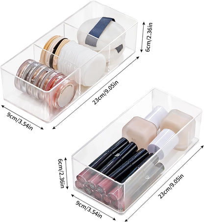 Set of 2 Make up Drawer Organiser, 3-Compartment & 1-Compartment Acrylic Makeup Organizer Stackable Makeup Storage Organizer Box Clear Cosmetic Storage for Eyeshadow, Cosmetic, Lipstick