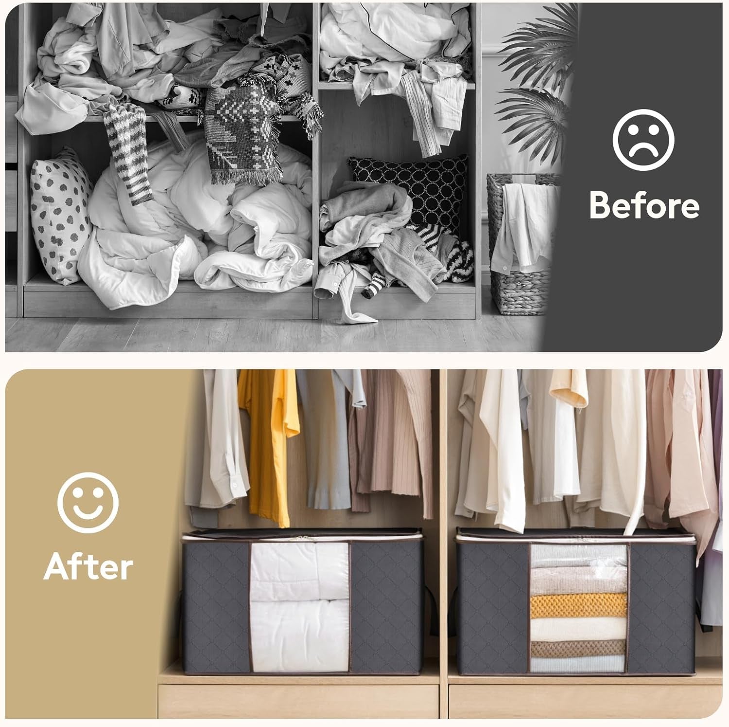 6 Pack Clothes Storage Bags, Foldable Storage Box Moving Bags Wardrobe Storage Organiser Packing Boxes for Moving House with Clear Window for Clothing Bedding Blankets, Grey