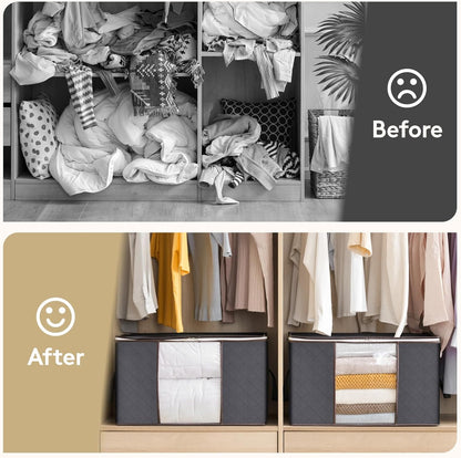 6 Pack Clothes Storage Bags, Foldable Storage Box Moving Bags Wardrobe Storage Organiser Packing Boxes for Moving House with Clear Window for Clothing Bedding Blankets, Grey