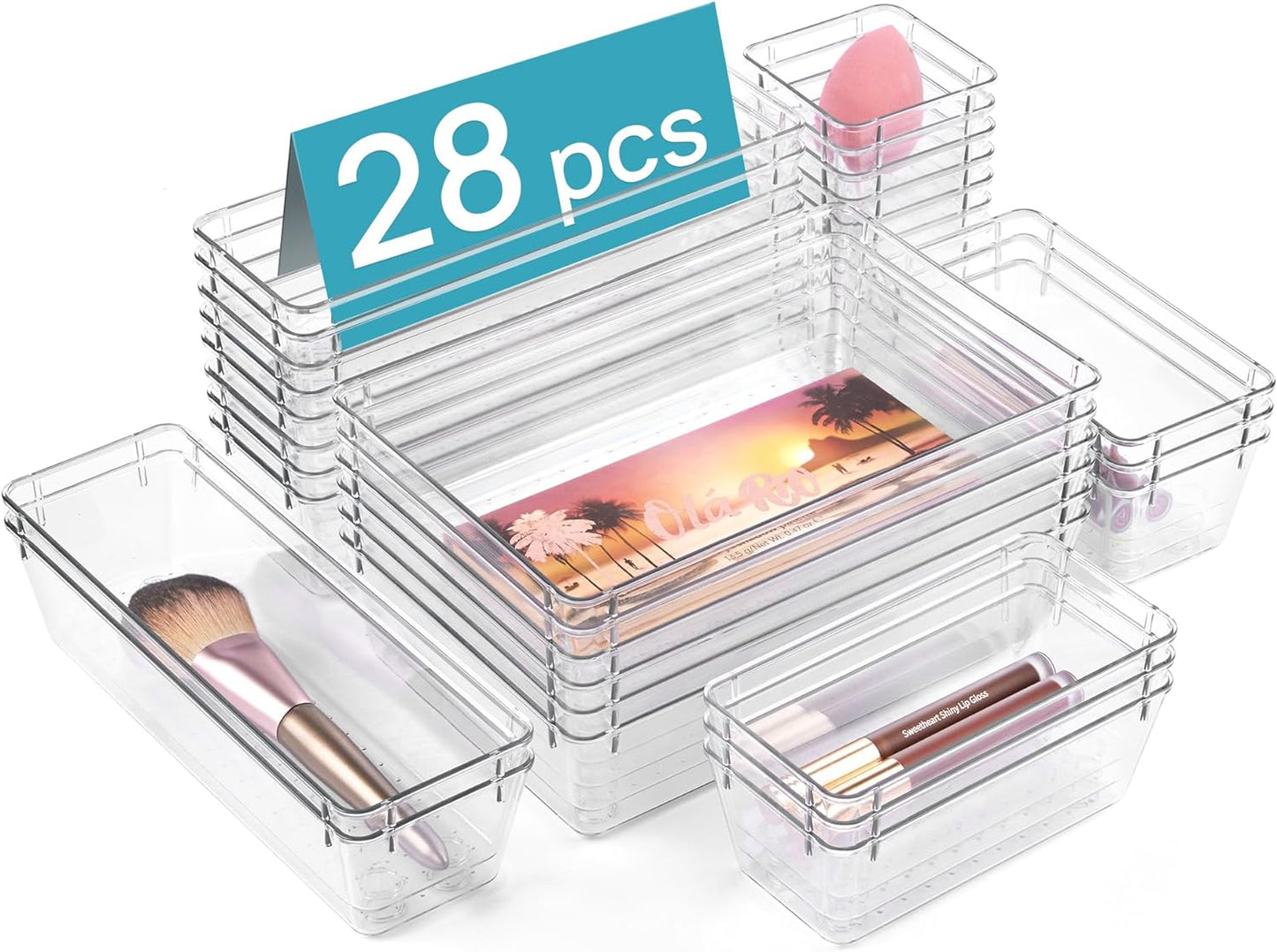 28 PCS Clear Plastic Drawer Organizers Set, 4-Size Bathroom and Vanity Drawer Organizer Trays, Acrylic Storage Bins for Makeup, Cosmetic, Kitchen Utensils