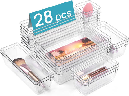 28 PCS Clear Plastic Drawer Organizers Set, 4-Size Bathroom and Vanity Drawer Organizer Trays, Acrylic Storage Bins for Makeup, Cosmetic, Kitchen Utensils