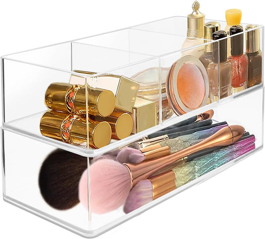 Set of 2 Make up Drawer Organiser, 3-Compartment & 1-Compartment Acrylic Makeup Organizer Stackable Makeup Storage Organizer Box Clear Cosmetic Storage for Eyeshadow, Cosmetic, Lipstick