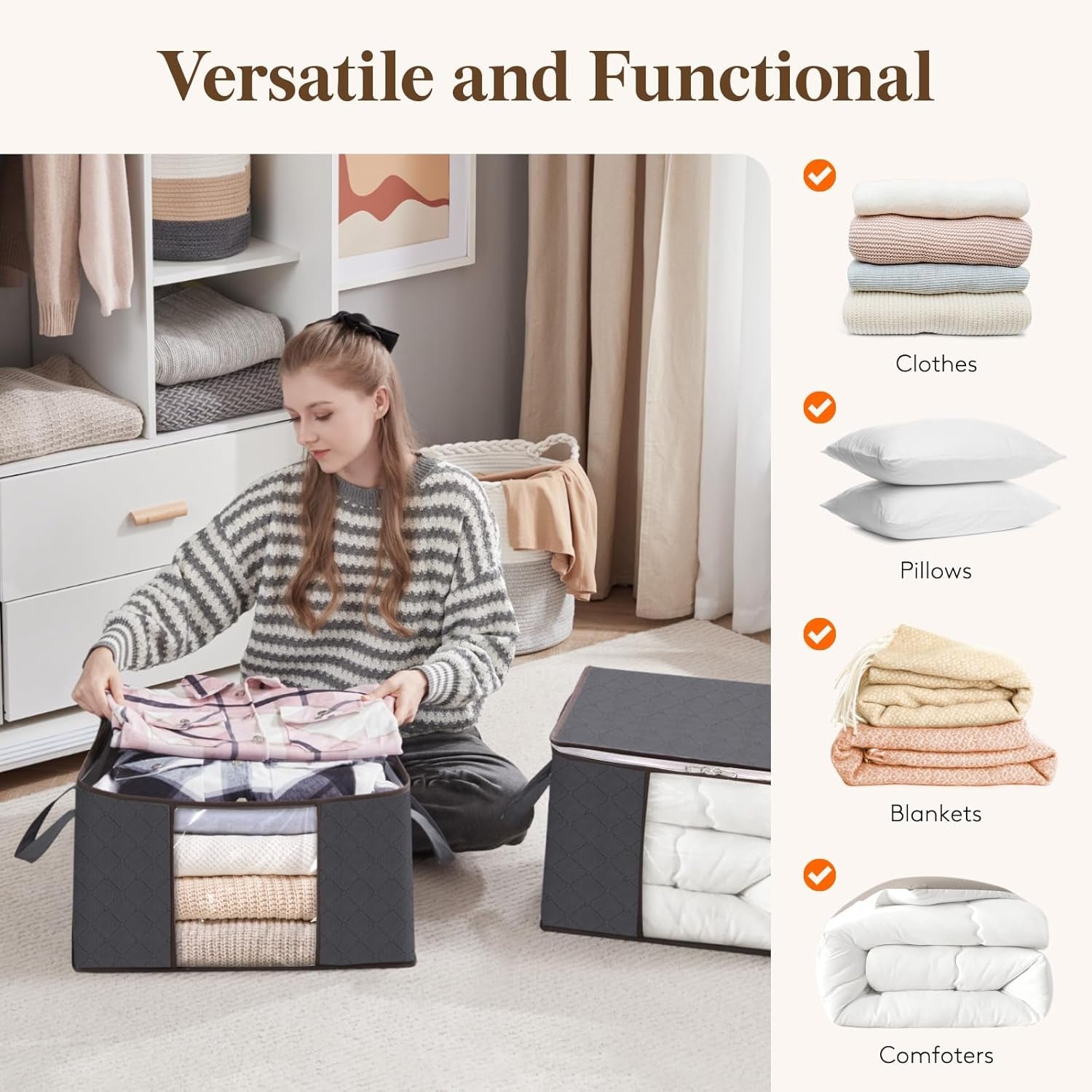 6 Pack Clothes Storage Bags, Foldable Storage Box Moving Bags Wardrobe Storage Organiser Packing Boxes for Moving House with Clear Window for Clothing Bedding Blankets, Grey