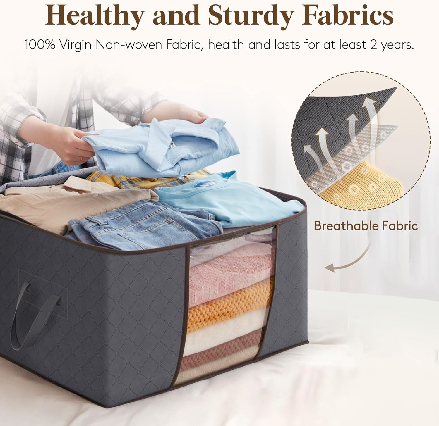 6 Pack Clothes Storage Bags, Foldable Storage Box Moving Bags Wardrobe Storage Organiser Packing Boxes for Moving House with Clear Window for Clothing Bedding Blankets, Grey