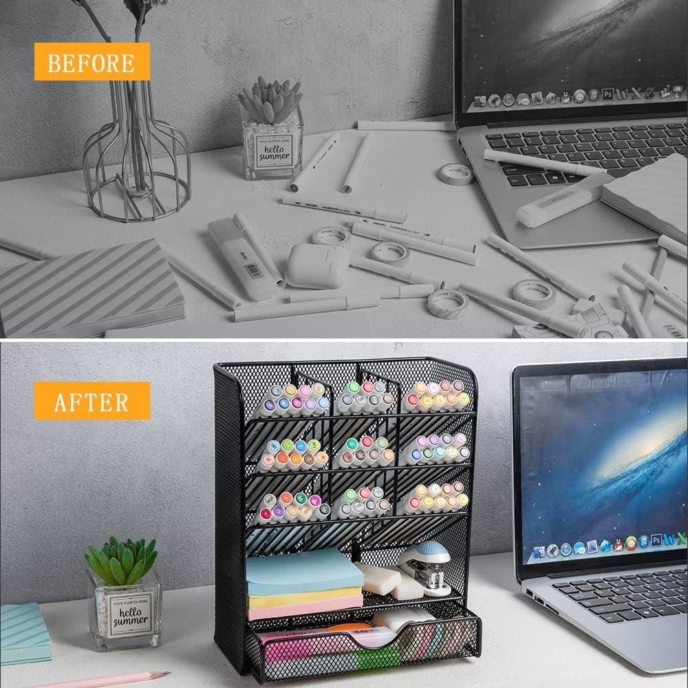 Spacrea Metal Pen Organizer, Pencil Holder for Desk, Desk Organizer with Drawer