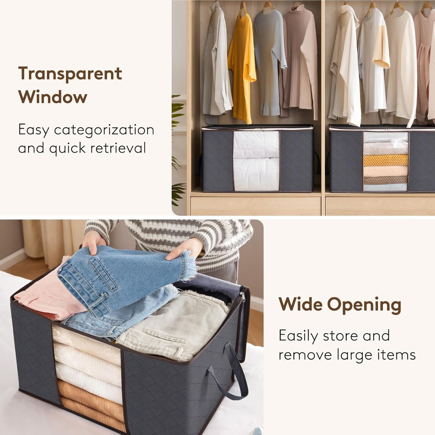 6 Pack Clothes Storage Bags, Foldable Storage Box Moving Bags Wardrobe Storage Organiser Packing Boxes for Moving House with Clear Window for Clothing Bedding Blankets, Grey