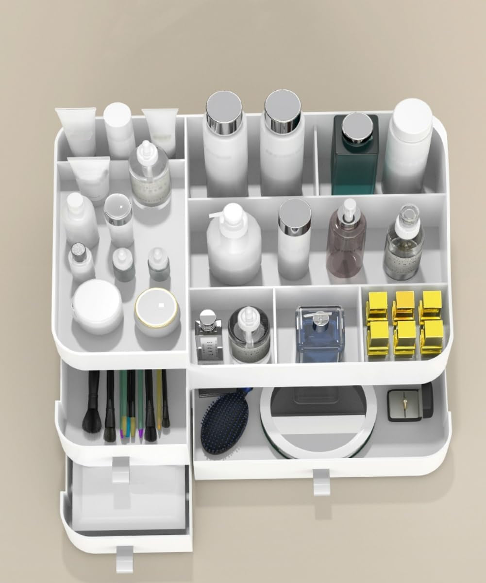 Makeup Organizer for Vanity, Large Capacity Desk Organizer with Drawers for Cosmetics, Lipsticks, Jewelry, Nail Care, Skincare, Ideal for Bedroom and Bathroom Countertops - Large White