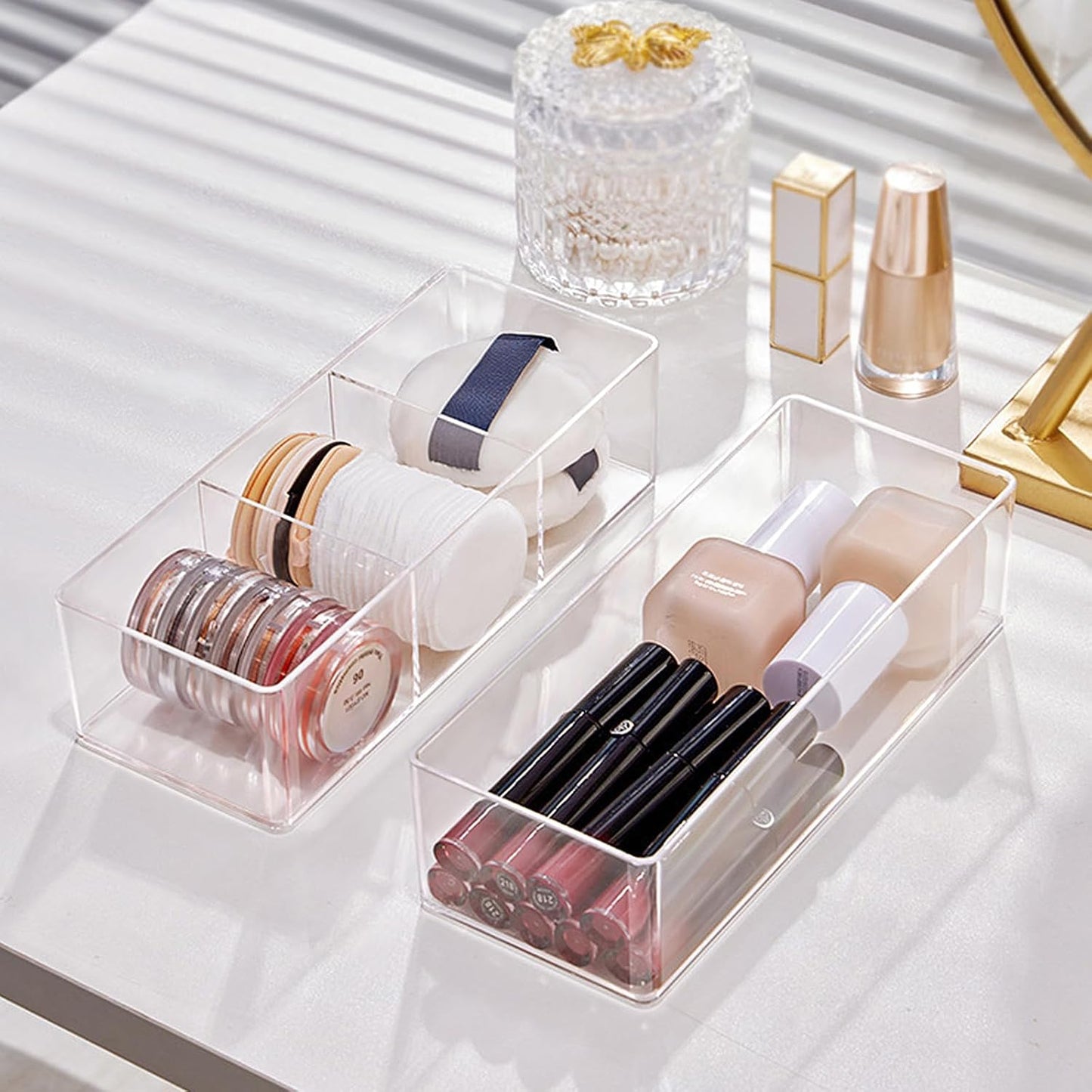 Set of 2 Make up Drawer Organiser, 3-Compartment & 1-Compartment Acrylic Makeup Organizer Stackable Makeup Storage Organizer Box Clear Cosmetic Storage for Eyeshadow, Cosmetic, Lipstick
