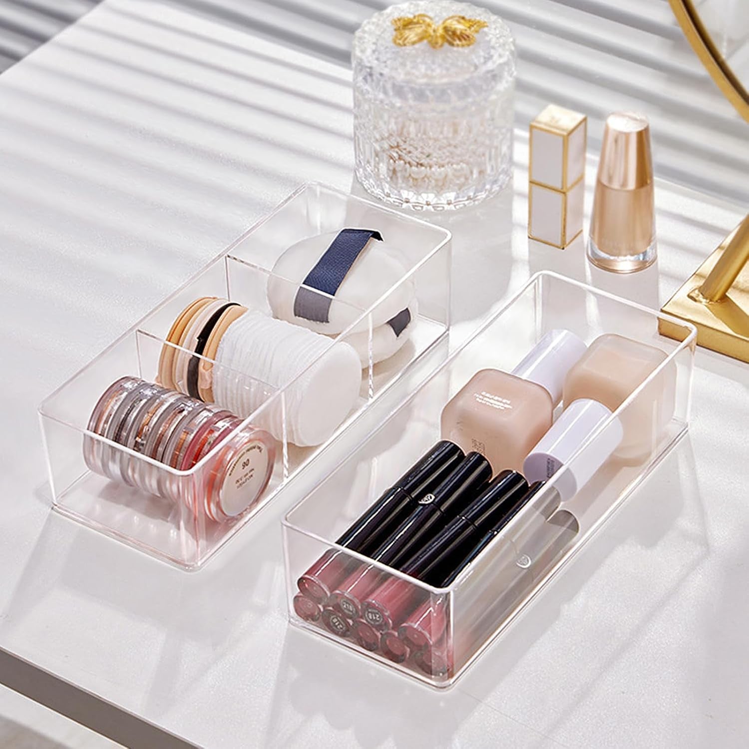 Set of 2 Make up Drawer Organiser, 3-Compartment & 1-Compartment Acrylic Makeup Organizer Stackable Makeup Storage Organizer Box Clear Cosmetic Storage for Eyeshadow, Cosmetic, Lipstick