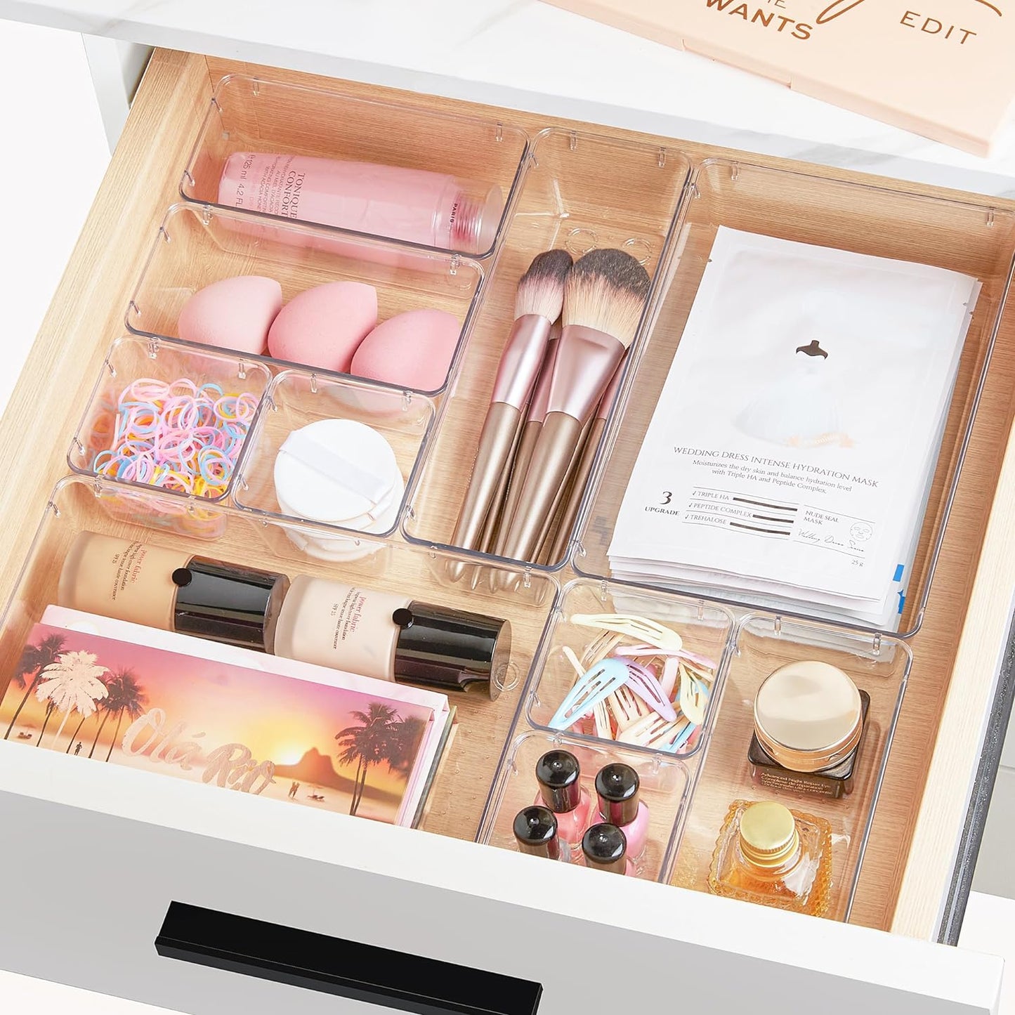 28 PCS Clear Plastic Drawer Organizers Set, 4-Size Bathroom and Vanity Drawer Organizer Trays, Acrylic Storage Bins for Makeup, Cosmetic, Kitchen Utensils