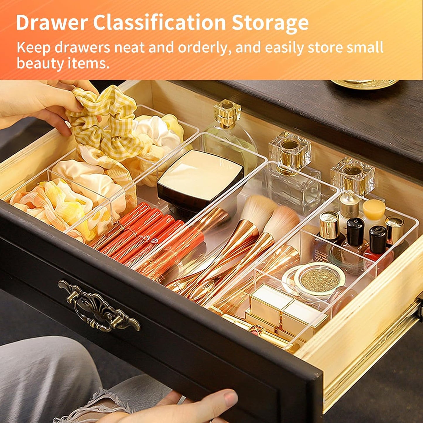 Set of 2 Make up Drawer Organiser, 3-Compartment & 1-Compartment Acrylic Makeup Organizer Stackable Makeup Storage Organizer Box Clear Cosmetic Storage for Eyeshadow, Cosmetic, Lipstick