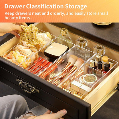 Set of 2 Make up Drawer Organiser, 3-Compartment & 1-Compartment Acrylic Makeup Organizer Stackable Makeup Storage Organizer Box Clear Cosmetic Storage for Eyeshadow, Cosmetic, Lipstick
